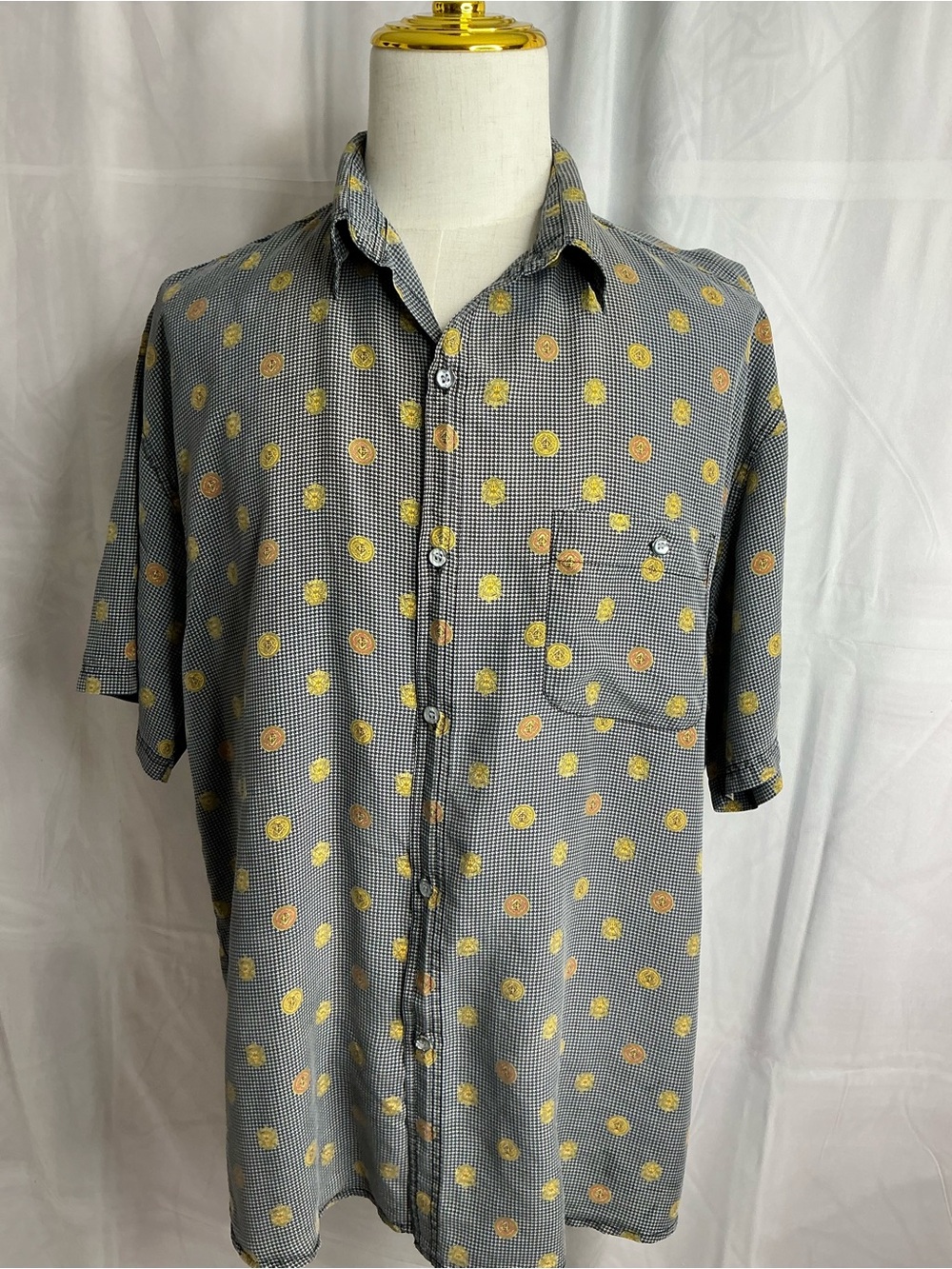 2299 -  Vintage Silk Medallion Houndstooth Button-Up